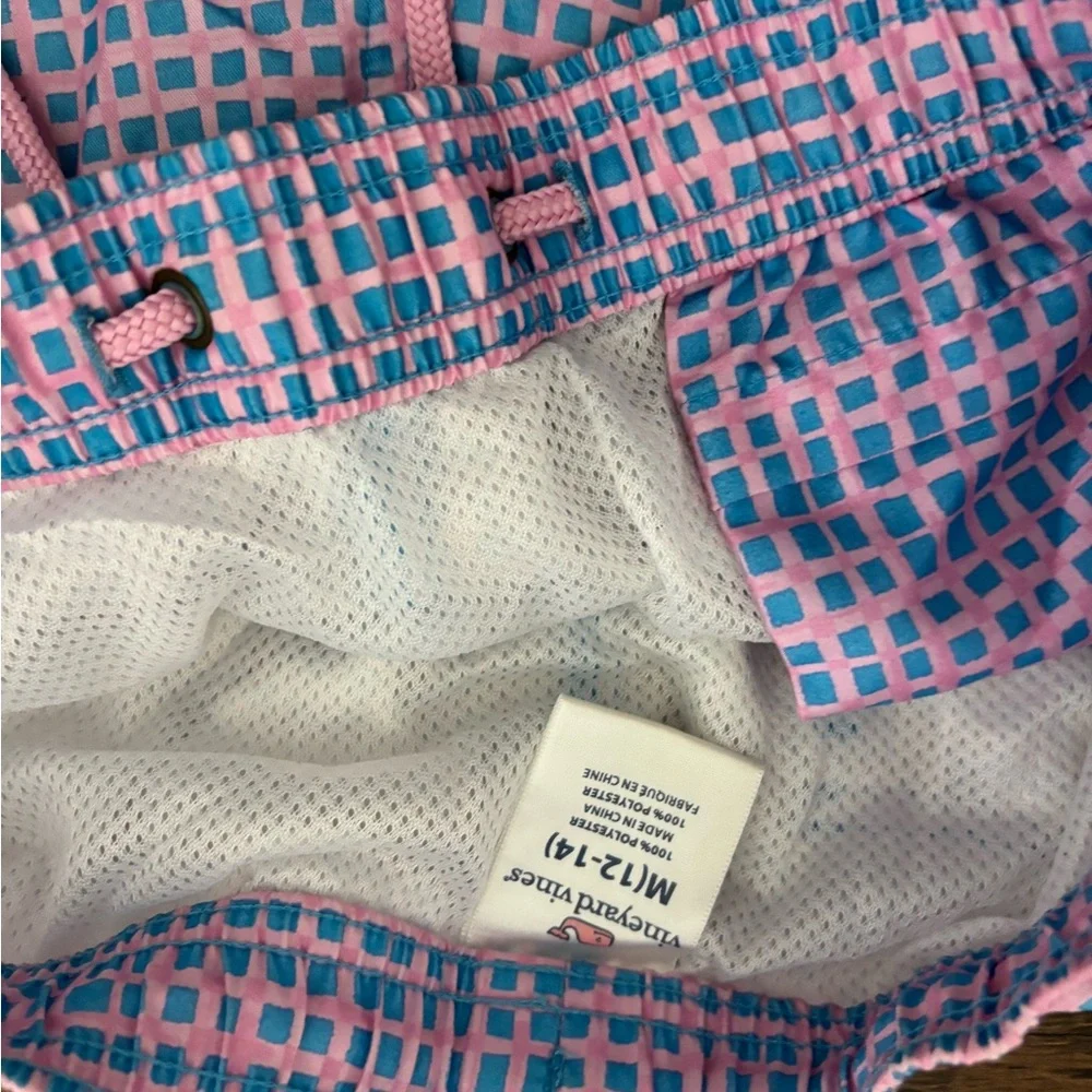 Vineyard Vines Boys Swimsuit Blue Pink Grid Size M (12-14) EUC